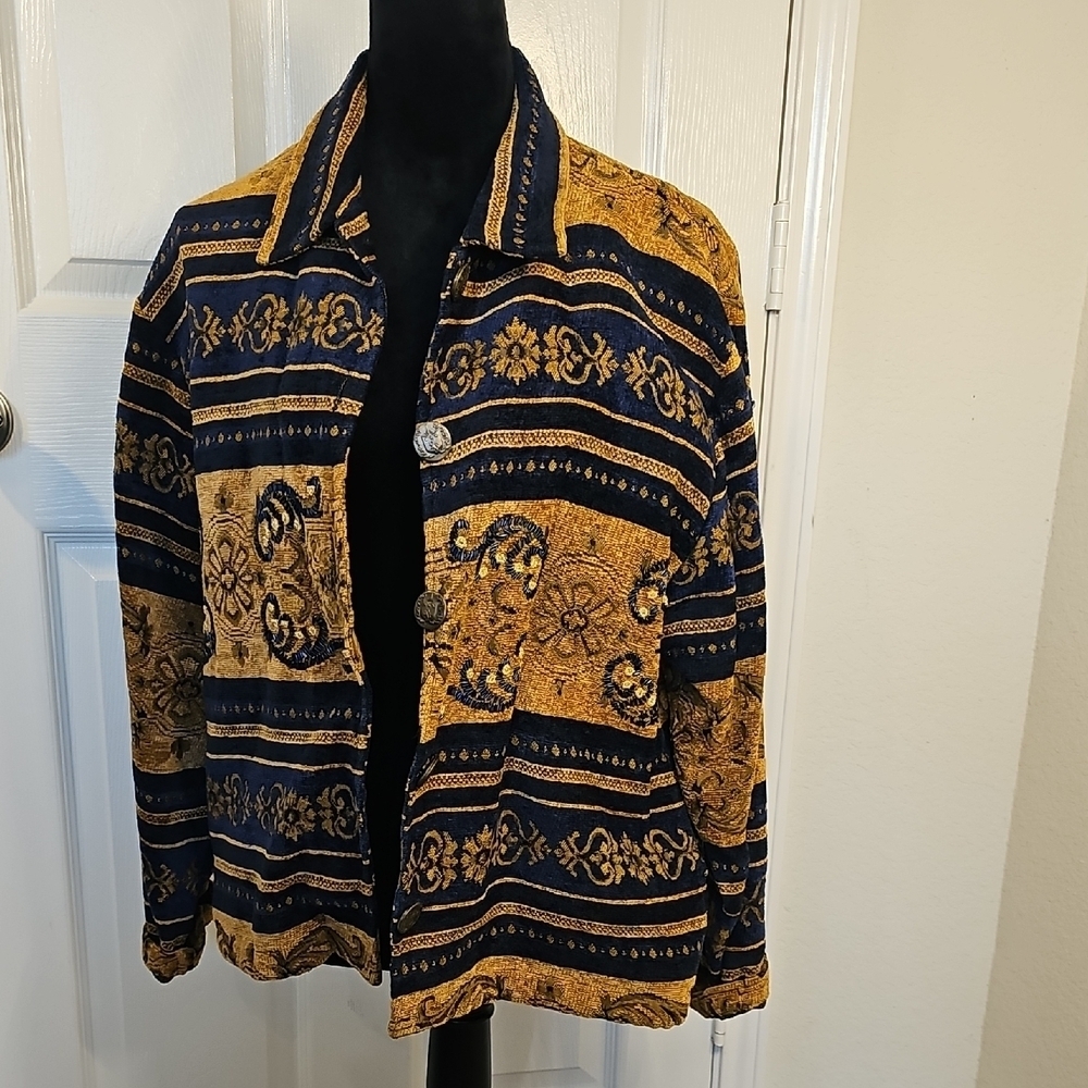 Tantrums YTK Vintage Tapestry Button Closure Gold Blue Patterned 90's Jacket L